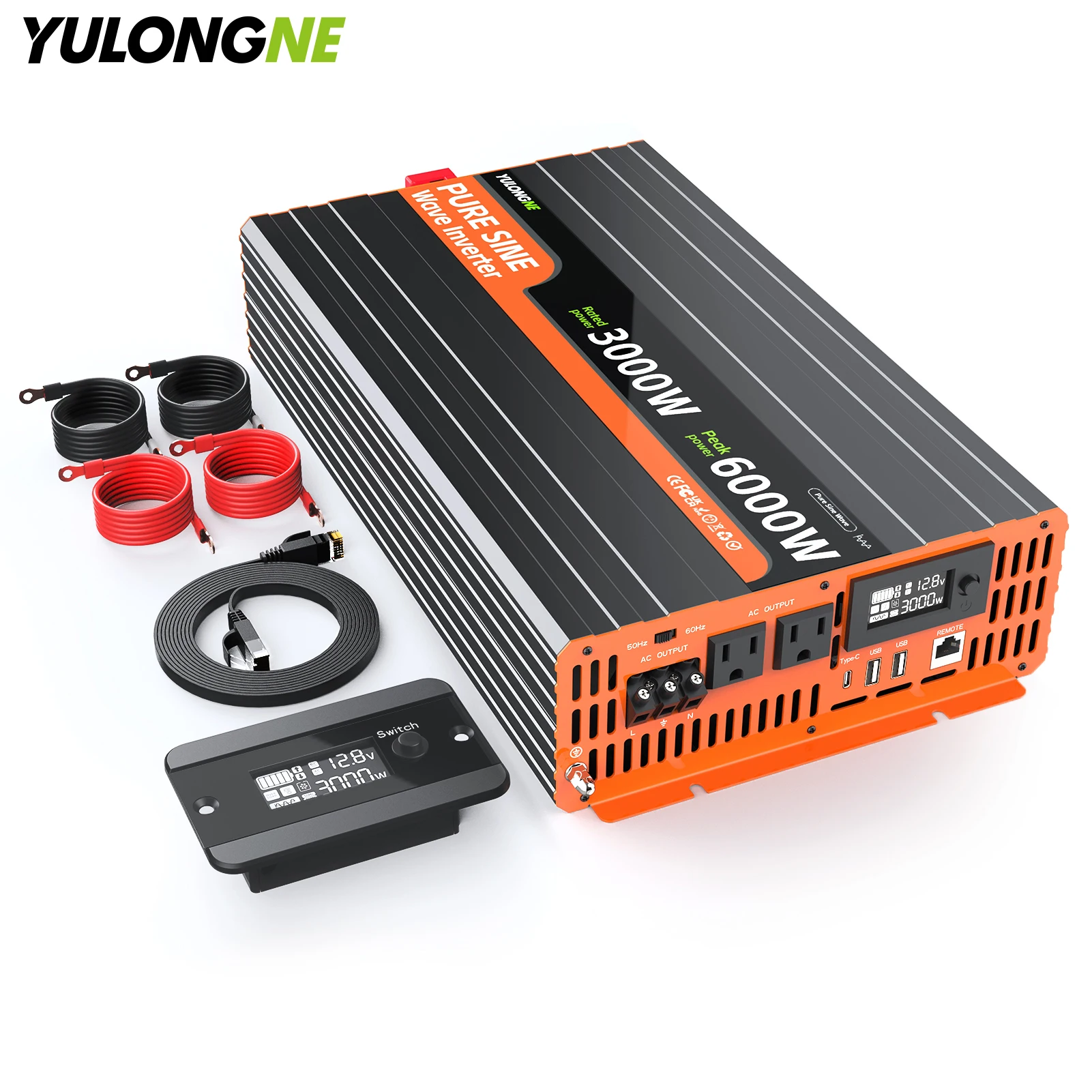 YULONGNE 12V to 110V AC 1000W 1500W 2000W 2500W 3000W Pure Sine Wave Inverter 2000W 3000W 4000W 5000W 6000W Surge Power Converter with Remote Control US Sockets Type‑C USB Interface for RV Camper Solar Off‑Grid Travel Emergency Power Supply