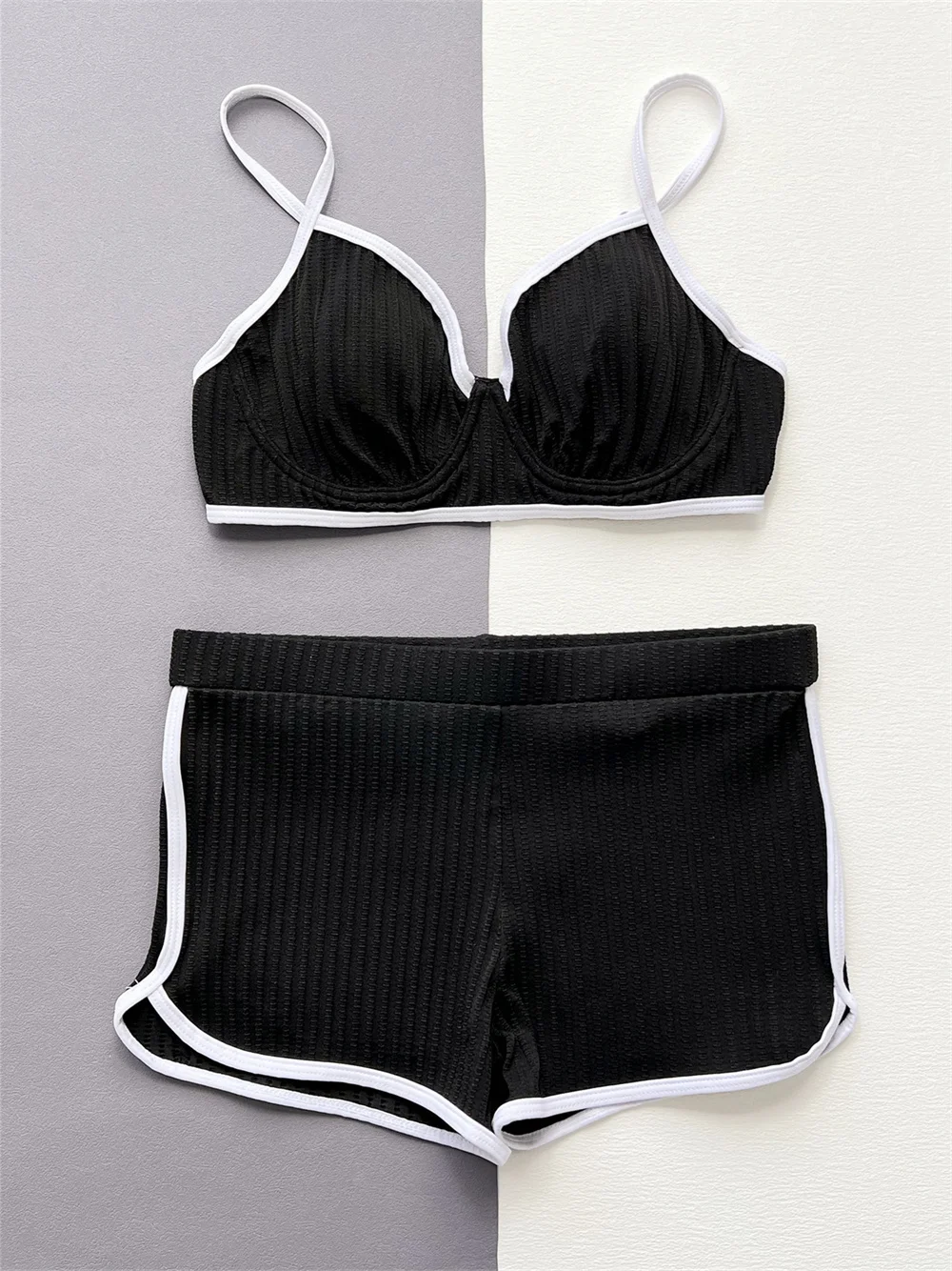 Sexy Push Up Bikini Black Y2K Swimsuit White Border Ribbed Shorts Sets Biquini Vacation Swimwear Women Beach Outfit Bathing Suit