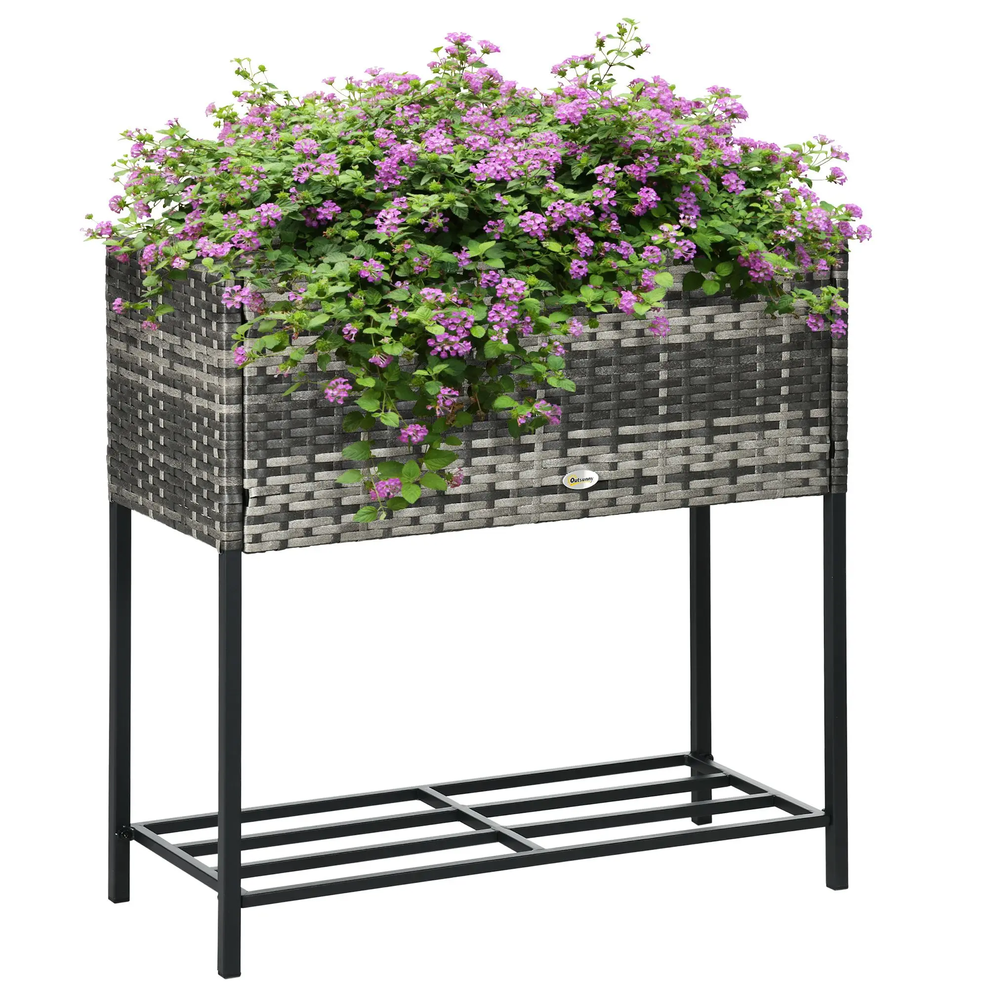 

For Outsunny Portable Steel Raised Garden Bed, Rattan Look with Legs and Tool Shelf, for Herbs Vegetables Flowers, Gray