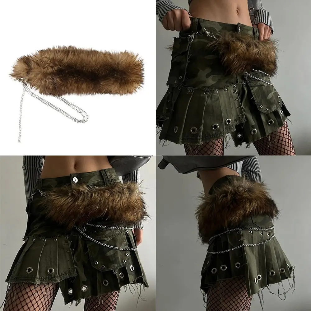 

Jeans Pants Decor with Chain Punk Fur Belt Super Soft PU Leather Hiphop Jeans Belt Fluffy Y2K Waistband