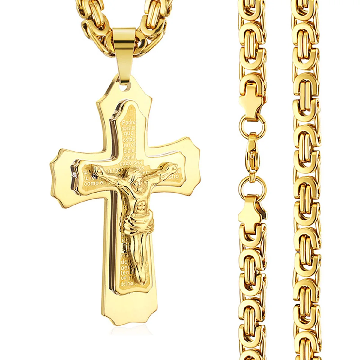 Heilige Bibel Kruzifix Jesus Kreuz Anhänger Halskette Männer Edelstahl Byzantinische Kette Halskette Christian Vaterunser Schmuck – Detail 4