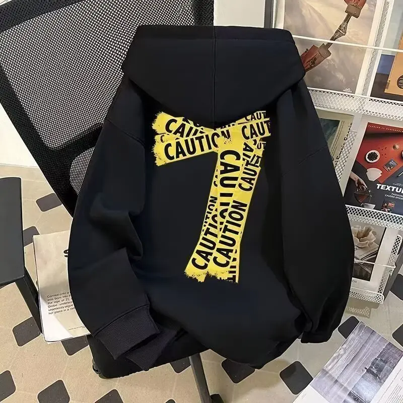 

Thiened Fce Hoodie Sweatirt American Sle Faion Autumn Winter Couple's Warning Belt Digital Print Casual Jaet Top