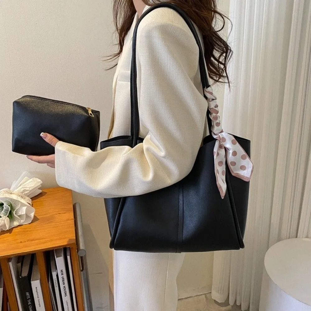

Tote Bag Women PU Shoulder Bag with Small Bag PU Leather Silk Scarf Straps Handbag Large Capacity Portable PU Underarm Bag