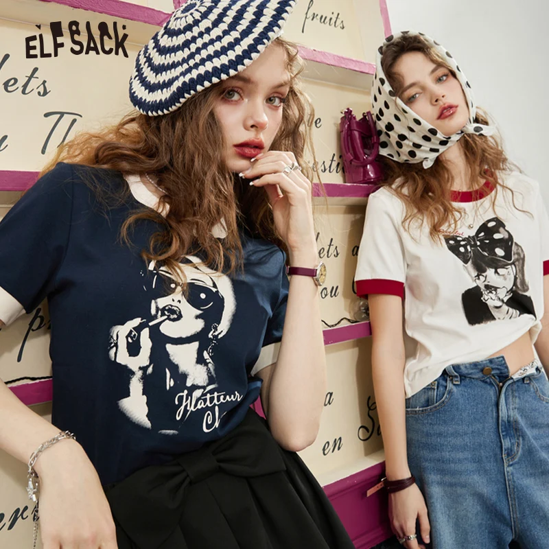 

ELFSACK Vintage Printed Cotton T-Shirts Women 2023 Spring Short Sleeve Basic Daily Tops