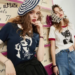 ELFSACK Vintage Printed Cotton T-Shirts Women 2023 Spring Short Sleeve Basic Daily Tops