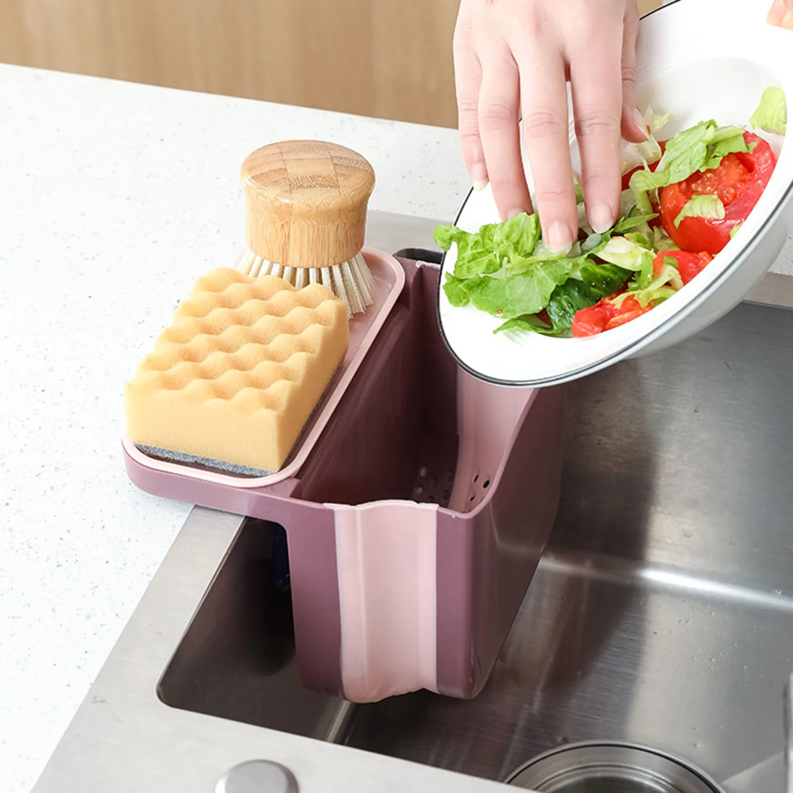 Sink Side Drainer with Sucking Disc With Top Shelving and Drain Hole for Kitchen Gadgets Storage