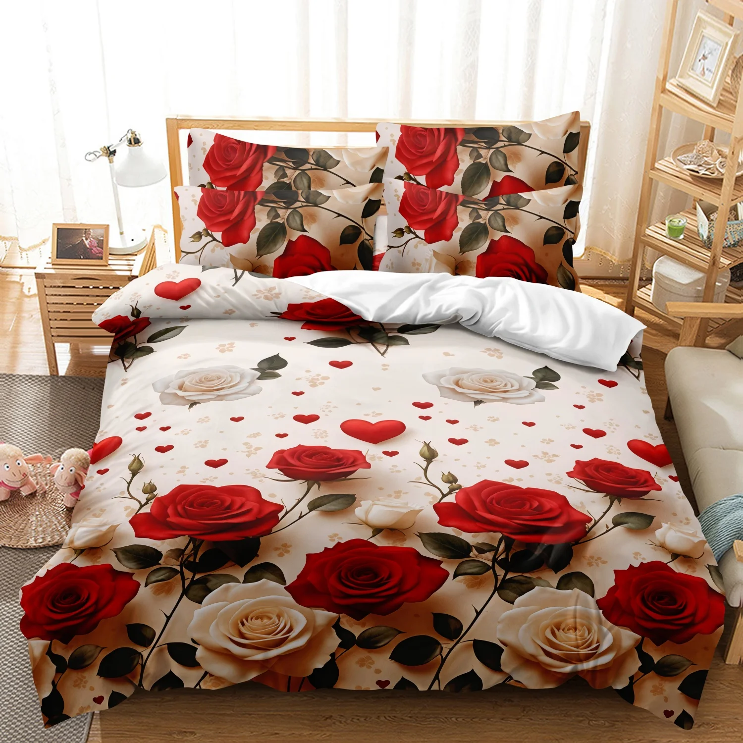 

3Pcs Red & Cream Rose Pattern Print Comforter Cover Set, Elegant Floral Botanical Bedding Set, For Family Bedrooms Dormitories