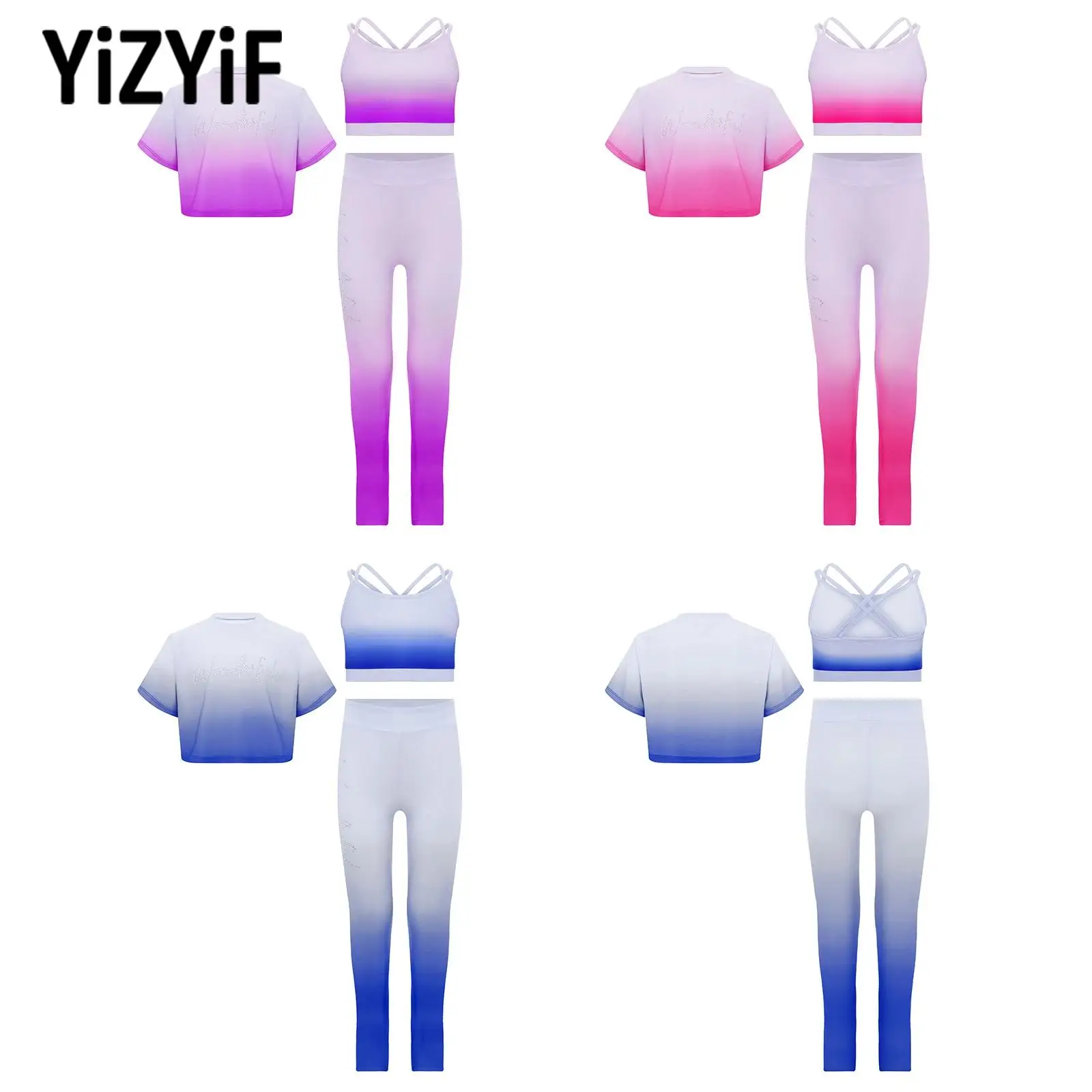 

Спортивная экипировка для гимнастики и танцев для девочек, футболка с короткими рукавами и стразами градиентного цвета + жилет + брюки, комплекты спортивной одежды из 3 предметов для танцев