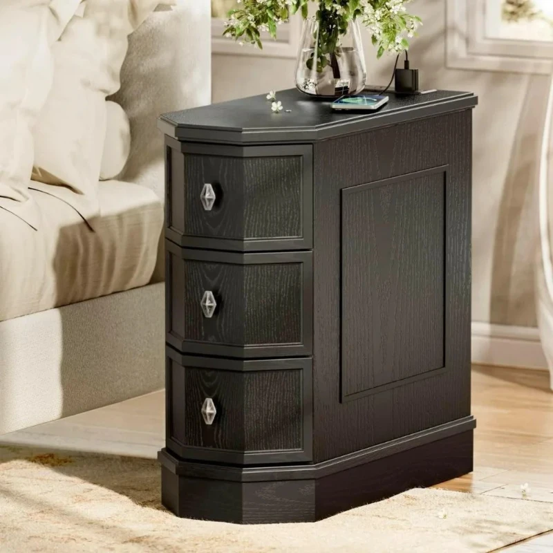 Nightstand with Charging Station, Vintage Wood End Table with 3 Drawer Side Table, Slim Bedside Tables for Bedr