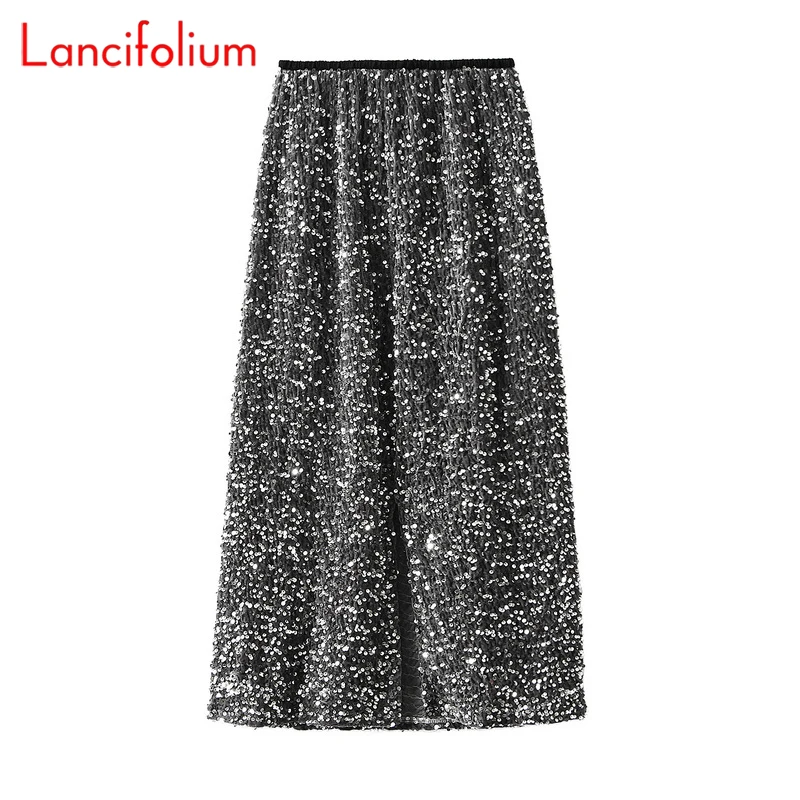 Jupe mi-longue à paillettes pour scène d'été et d'automne, jupe à jambe droite fendue au dos pour femmes, jupes crayon moulantes à taille élastique Vintage noires