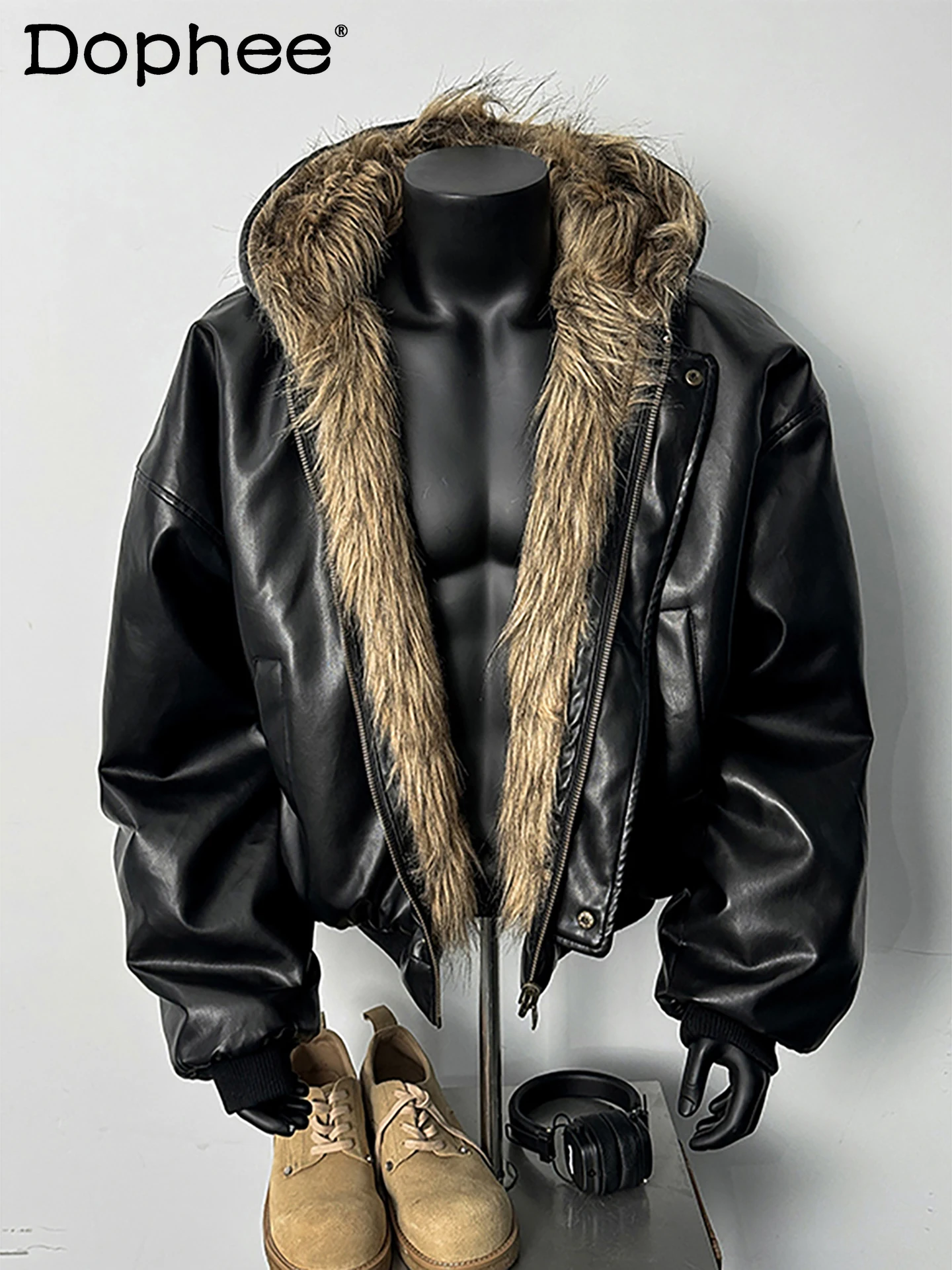 معطف شيرلينغ شيرلينغ جديد عكسي لعام 2025 للرجال شتوي قصير على الموضة الأمريكية سترة بقلنسوة بسحاب