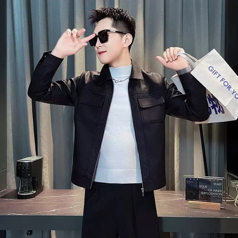 2025 New Men's Leather Jaet Motorcycle Sle Trendy Loose Workwear Jaet Casual Faionable Biker Clothes Spring Autumn