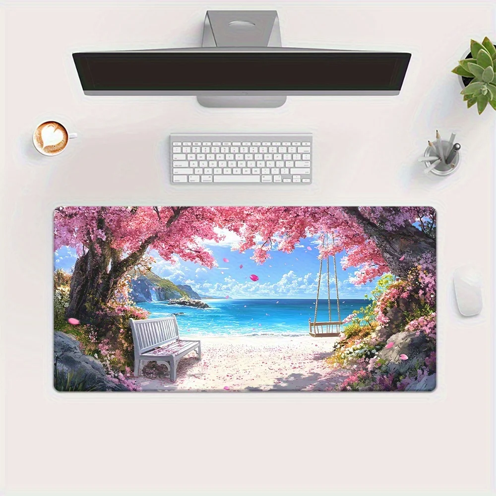 1-teiliges XXL-Mauspad mit Küstenlandschaft, lebendigem Strand- und Kirschblüten-Design, langlebige Schreibtischunterlage, multifunktionales Desktop-Pad