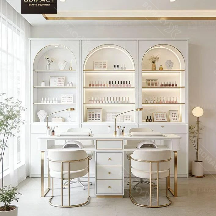 Popular Cream White Nail Table With Drawer Slate Desktop Modern Salon Beauty Shop Nail Chair And Table Set