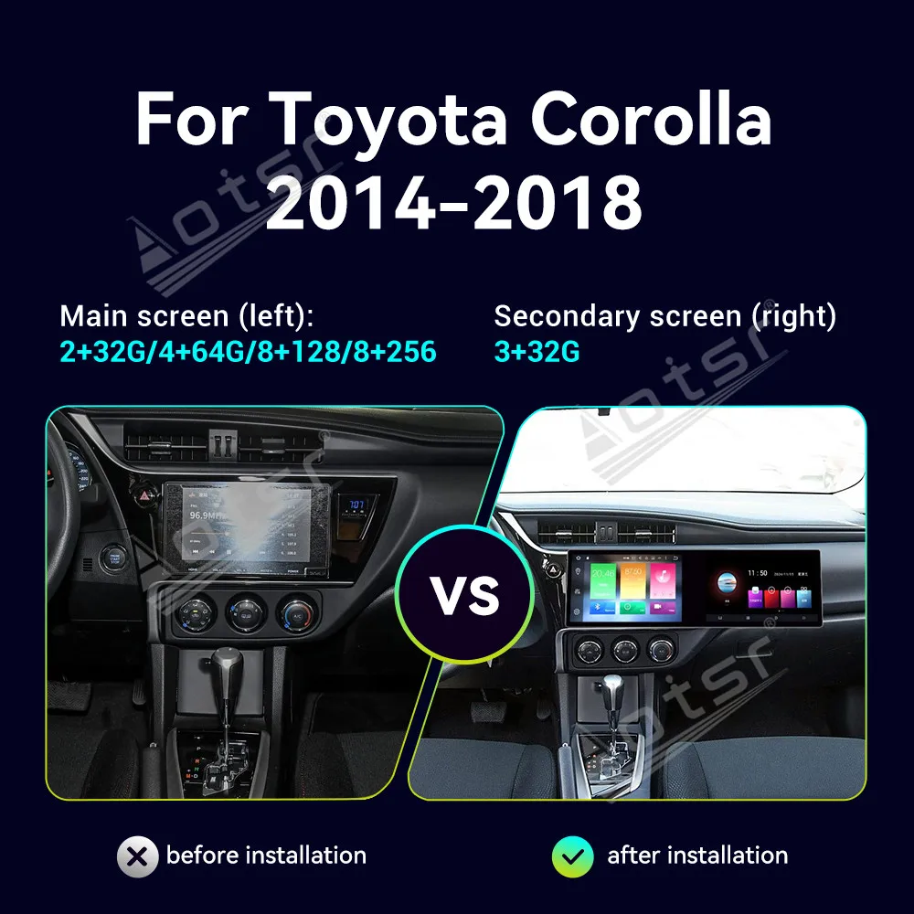 Qualcomm For Toyota Corolla 2014~2018 Android 14.0 Carplay Car Radio Stereo Automotive Multimedia GPS Navi Dual Screen Head Unit