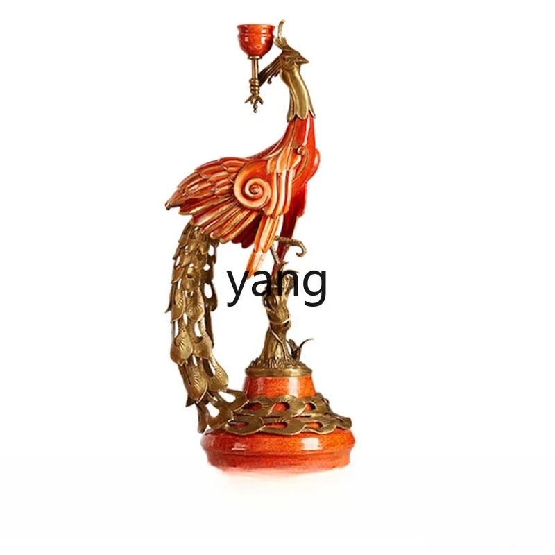 MM French retro red ceramic phoenix inlaid copper three-headed candlestick living room decoration ornament