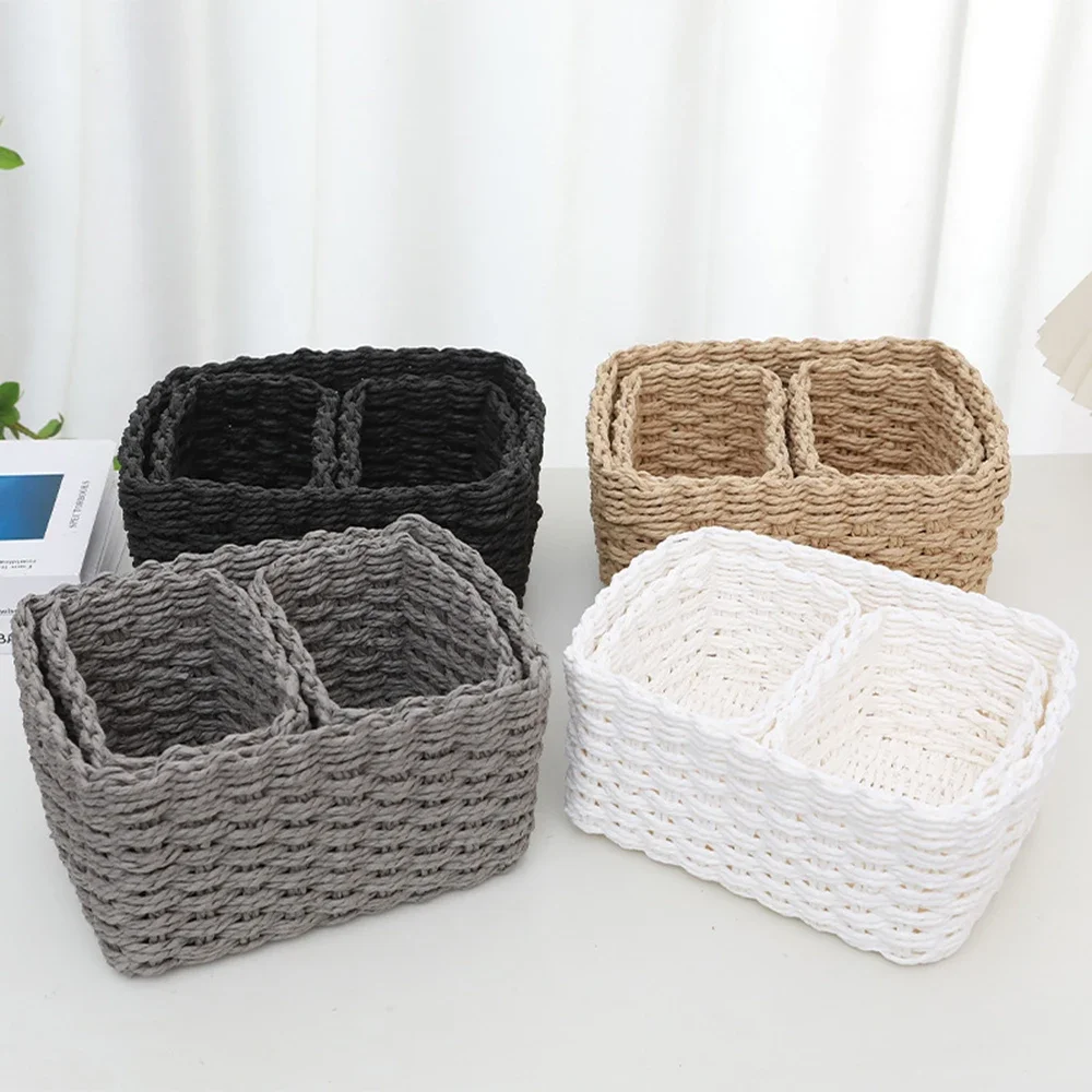 

3pcs Handmade Straw Woven Soft Round Paper Rope Basket for Organizing Decorative Bins Office Box Stainless steel plate