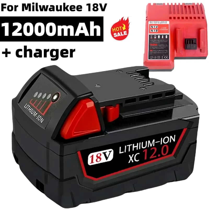 

For Milwaukee M18 M14 Impact Wrench Power Tool Battery, Charger, 18V 6Ah, BR, XC, 18V, M18B5, 48-11-1860, Built-in 18650 Battery