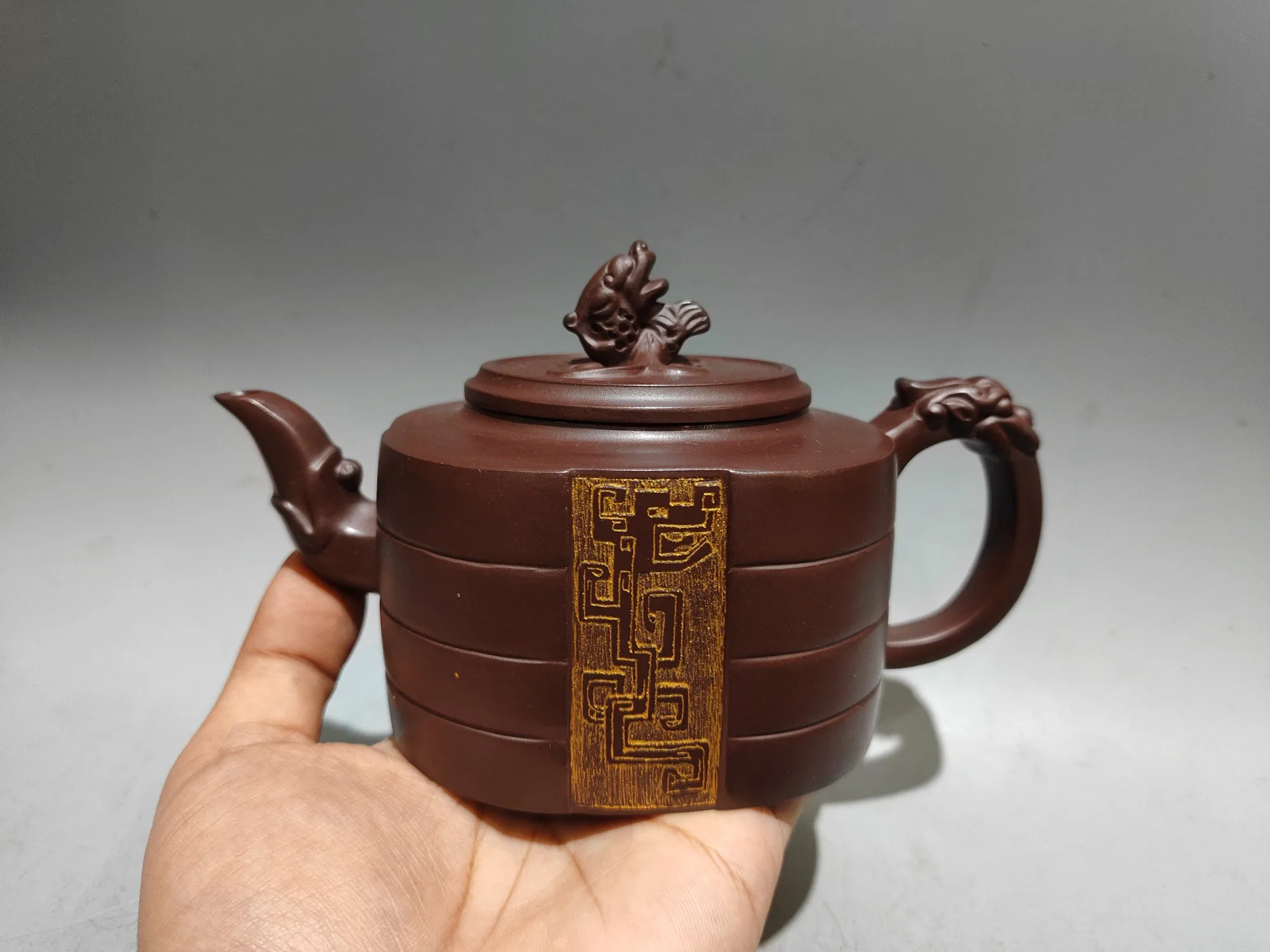 Purple Clay Pot Outline in gold Dragon Head Cover Beast Mouth Pot Blessing Pot Teapot Kettle Flagon Gather fortune Ornaments