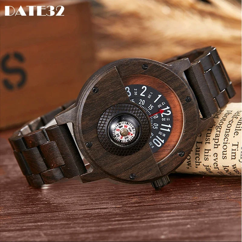 Multifunction Wooden Wristwatch for Men Quartz Wrist Watches Creative Compass Man Clock Black Walnut Red Wood Band Case Reloj