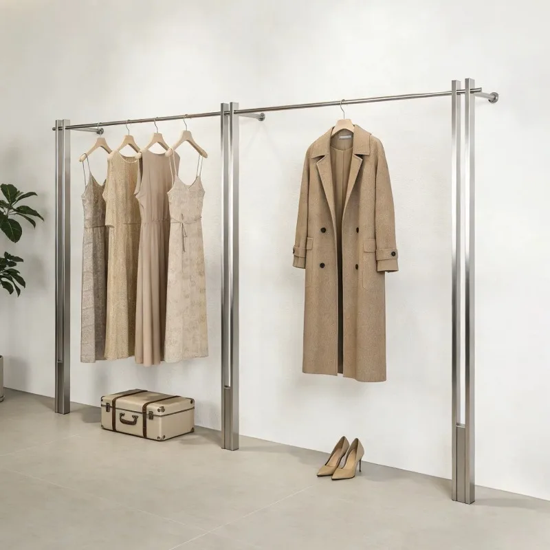 Clothing store display rack High-end women's clothing store upper wall Korean-style hanger brushed stainless steel floor-to-ceil