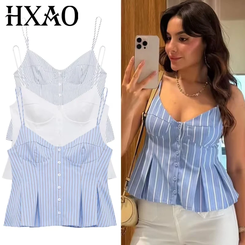 HXAO Gestreiftes Slip-Top für Damen, Sommer, 2022, sexy Crop-Korsett, Tanktops und Camis, ärmelloses, rückenfreies Top für Damen, modisches, lässiges Leibchen