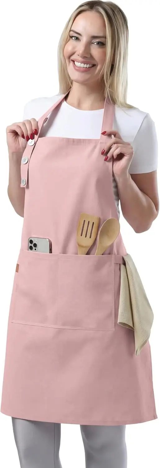 

Waterdrop Resistant Cotton Apron with Pockets, Adjustable Neck, 10 Colors, Powder Pink