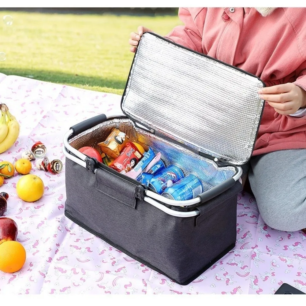 Large Capacity Insulated Picnic Basket Leak Proof Strong Metal Handle Thermal Lunch Bag Oxford Cloth Material Foldable Design
