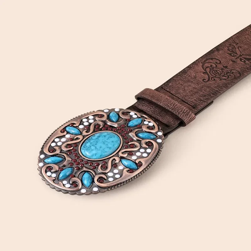 High Quality Turquoise Women's Belt with Decorative Texture Buckle Embossed Shoulder Strap Casual Style Fashionable Dressing