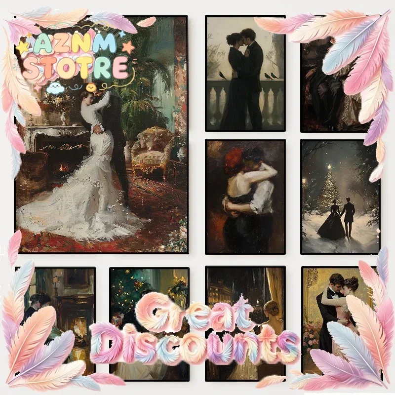 Bride and Groom Vintage Couple Poster Romantic Lovers Kissing Scene Victorian Canvas Painting Wall Art Living Room Home Decor