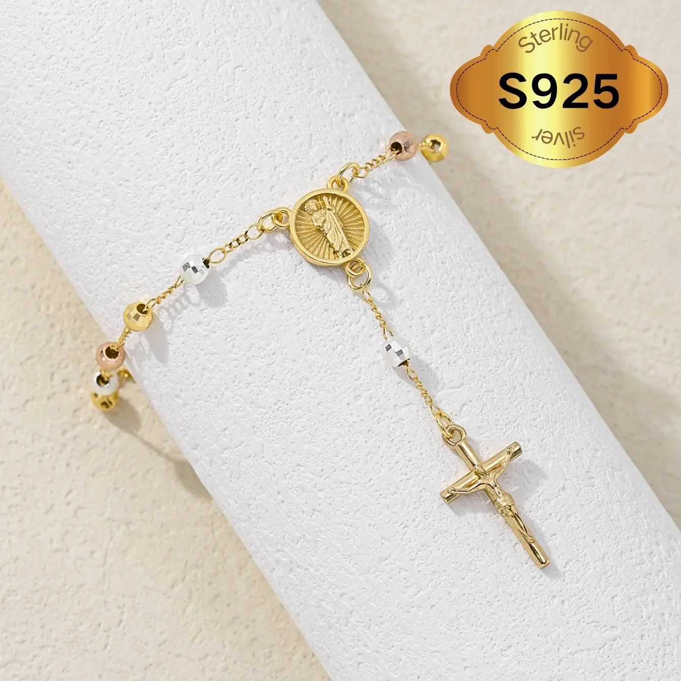 

925 sterling silver hypoallergenic St. Jude beaded bracelet cross Jesus pendant pure handmade rosary religious bracelet