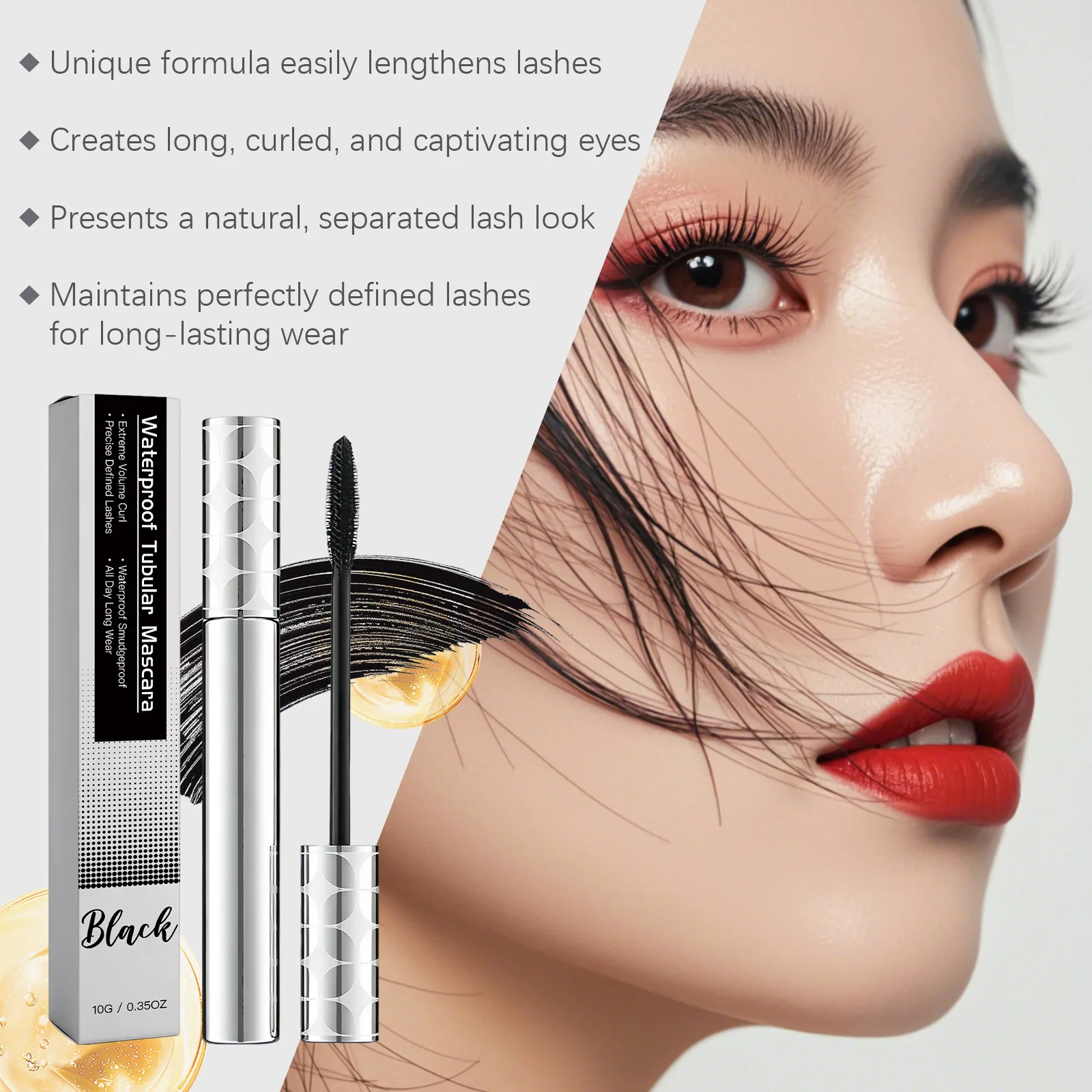 Long Curly Mascara Waterproof Fast Dry Long Lasting Hold No Dizzy Enlarge Eye Visual Effect Volumizing Lashes Beginner Friendly