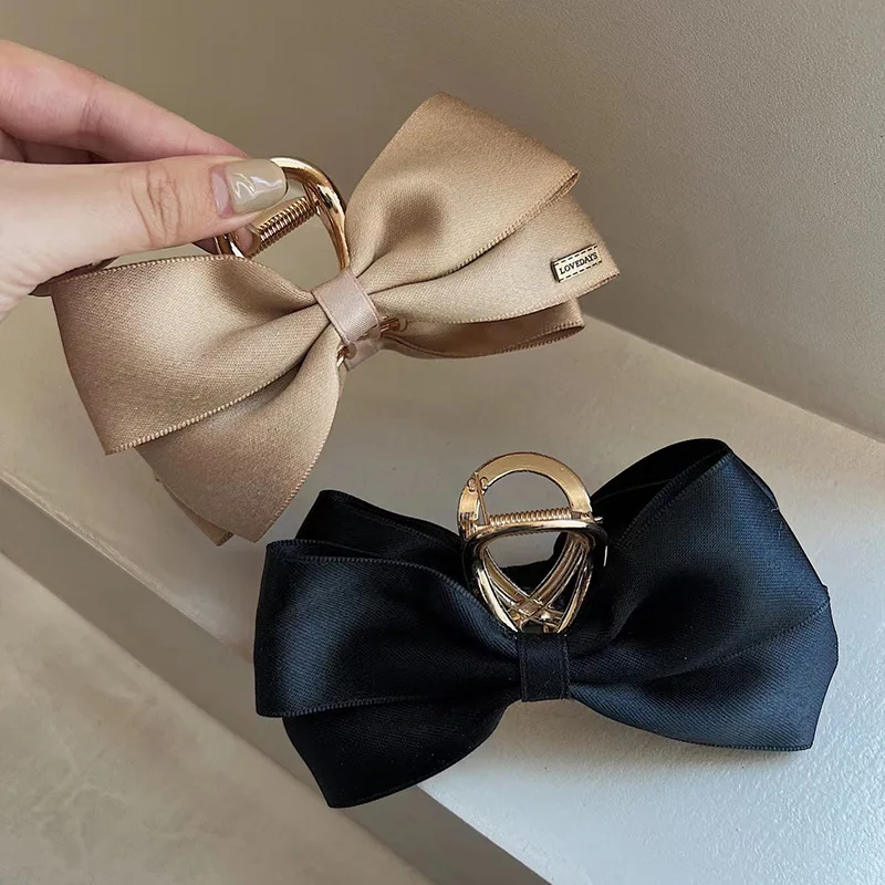 Satin Bow Women Hair Claw Clamps Gold Color Metal Hair Crab Cross Hair Clips Fashion Korean Girl\'s Daily Gifts Hair Accessories