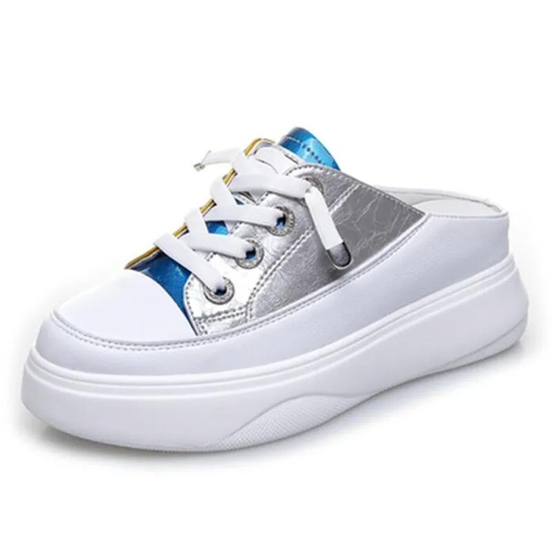 

NEW Summer Genuine Leather Women Slippers Flat Sneakers Women Breathable Casual Shoes Low Upper Lace Up Platform Woman Sandals