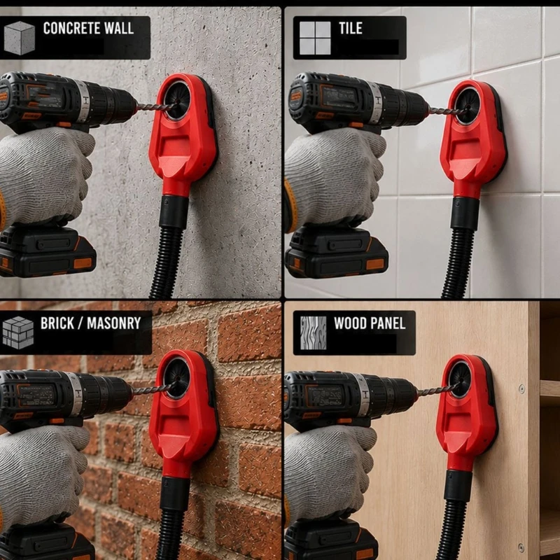 Drilling Dust Shroud Attachment for Concrete, Tile, and with Removable Brush Collar and Swiveling Port for Changing Hose