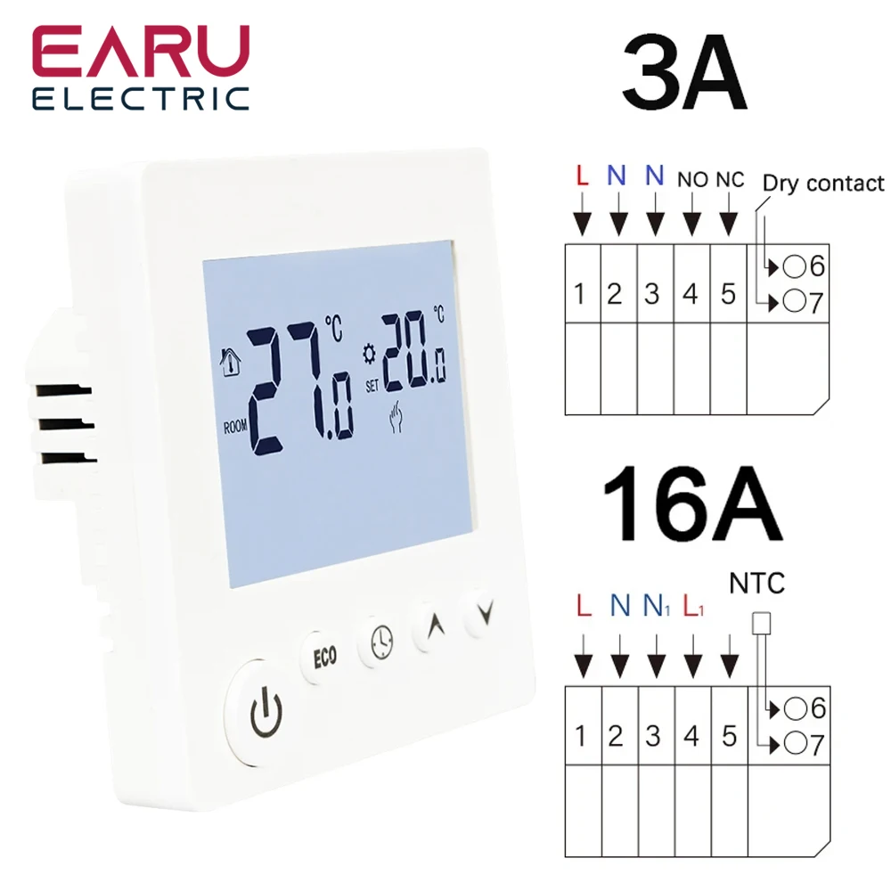 AC90V-240V 3A 16A Water Electric Floor Heating TRV House Room Thermostat Temperature Controller Digital LCD Display Wall Mounted