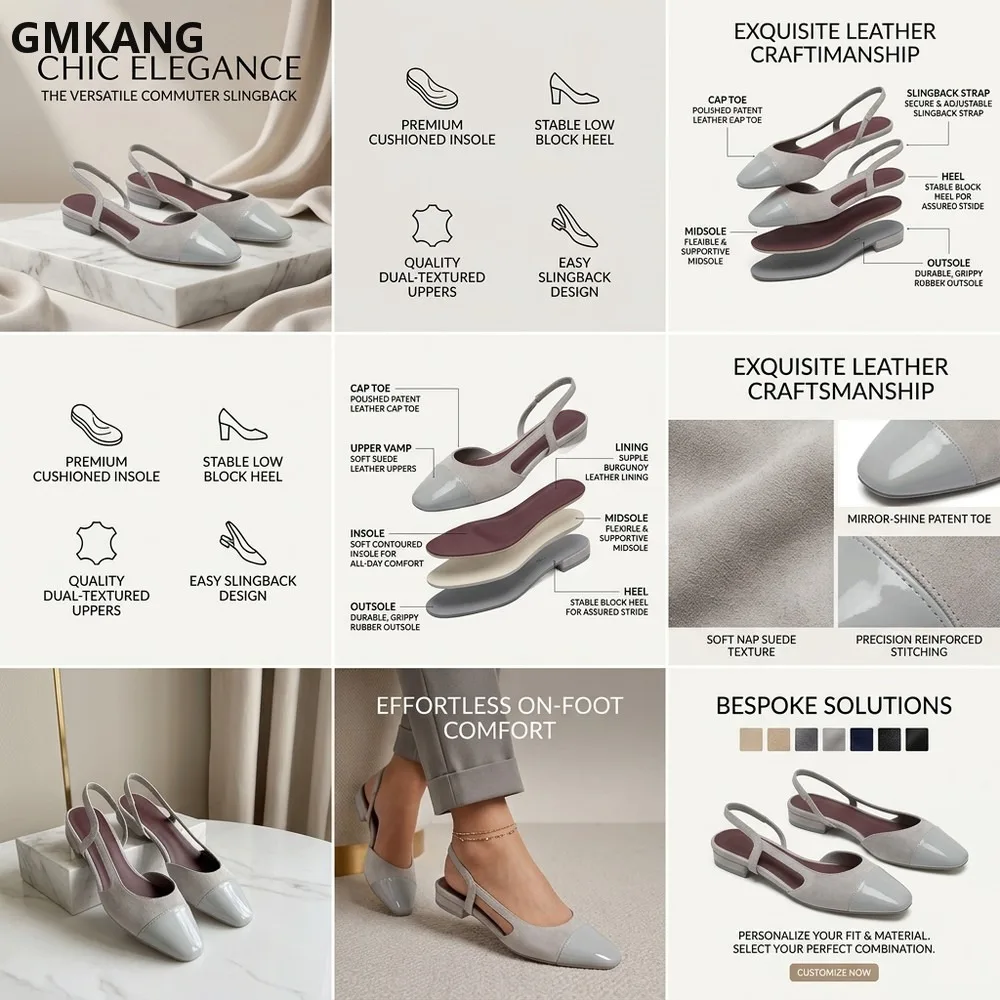 GMKANG Minimalist Slingback Flat Pumps Square Toe Patchwork Upper Back Strap Lightweight Comfortable Walking Shoes for