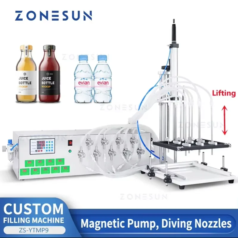 ZONESUN ZS-YTMP9C آلة تعبئة السوائل الرفع التلقائي فوهة الغوص 9 رؤساء مضخة مغناطيسية آلة الإنتاج الهوائي
