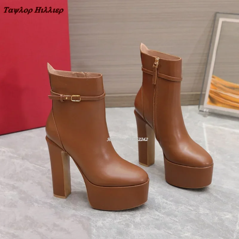 Autumn Waterproof Platform Nude Boots Luxury Round Toe Thick Heel Side Zipper Leather Fashion Designer Ankle Boots Women Winter view 3