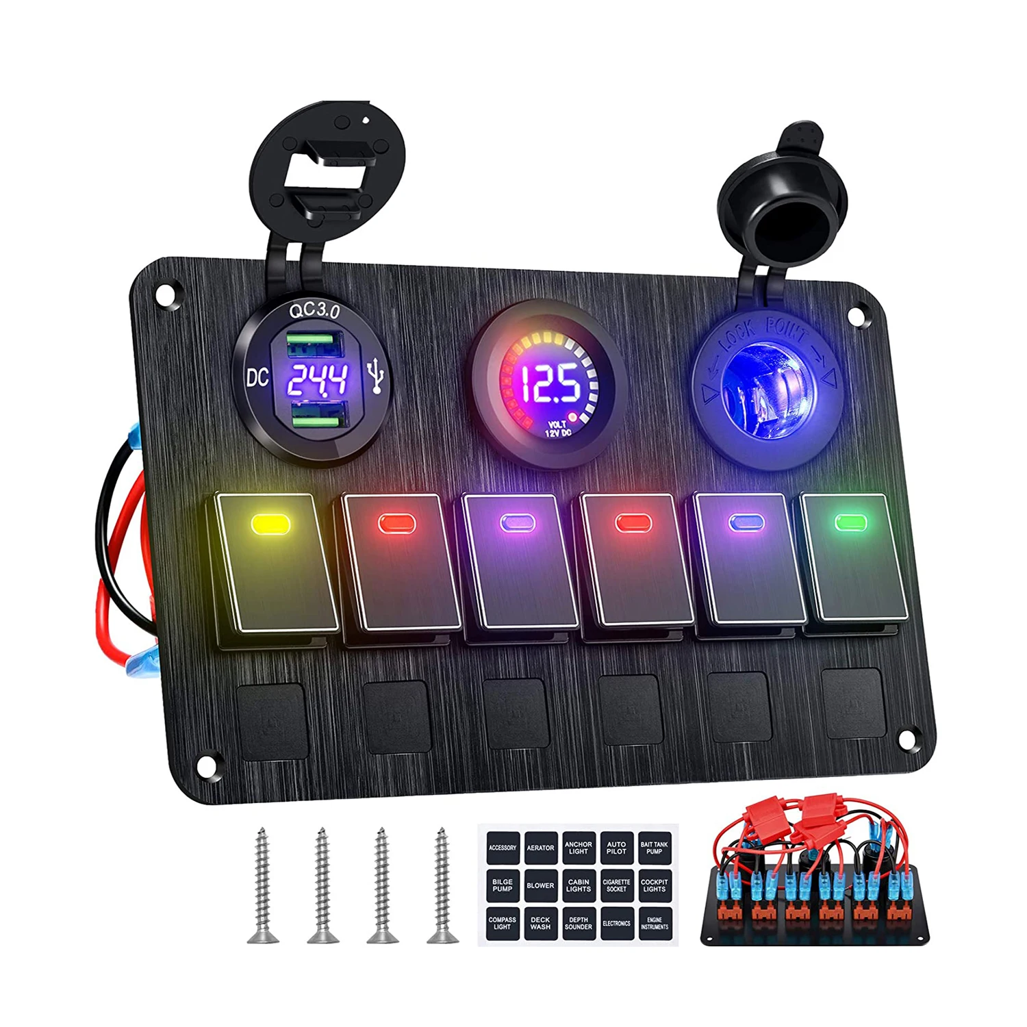 12V Waterproof Aluminum 6 Gang Marine Boat Rocker Switch Panel Led Switch Panel for Car Truck Marine Boat With QC3.0 USB Charger