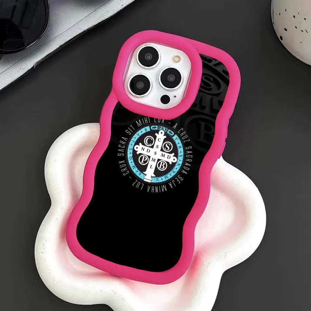 

Saint Benedict Medal Phone Case for iPhone 17 16 15 14 13 12 11 Air Pro Max Plus Red Soft TPU Wavy Edge Cover