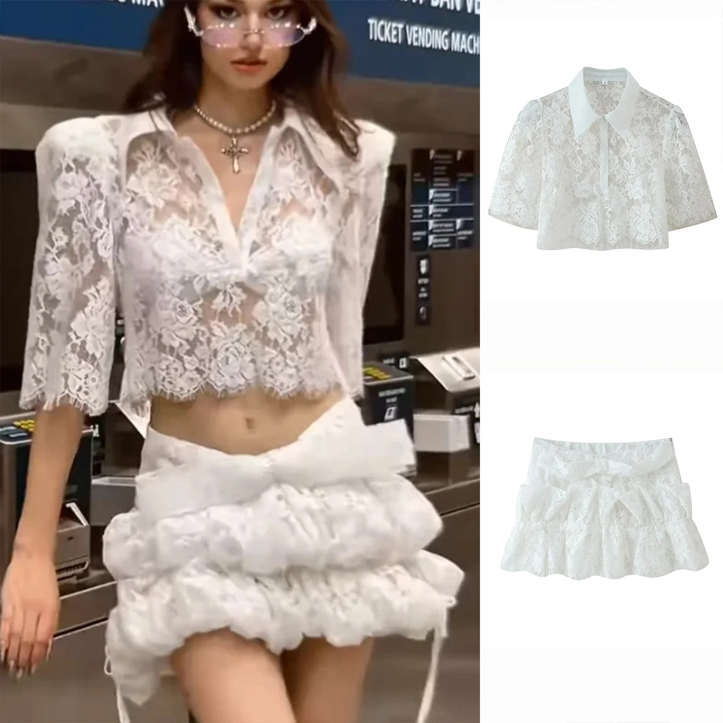 

Новое поступление лета, женский топ с кружевным воротником ort Sve irt и юбкой-бабочкой, комплект из двух предметов, модная повседневная одежда