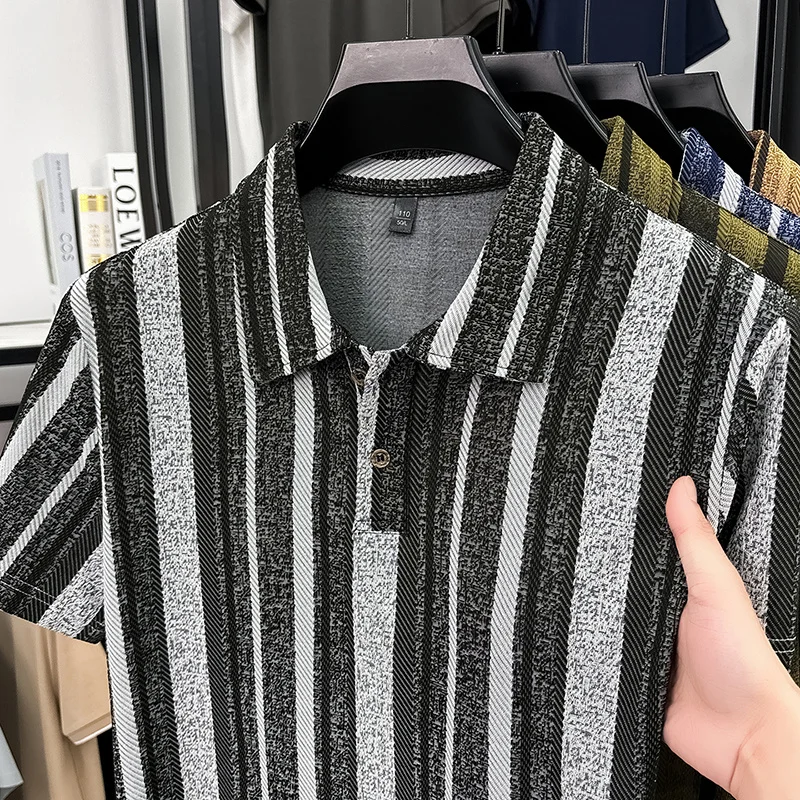 Herren Strukturierte Vertikal Gestreifte Kurzarm-Poloshirts Lässige Business-Oberteile Atmungsaktiv Knitterfrei Sommerkleidung – Detail 14