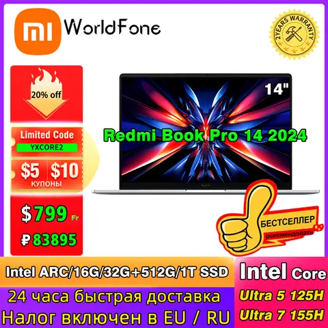 2024 Xiaomi Laptop Redmi Book Pro 14 Intel ARC Graphics Ultra 5/Ultra 7 16G/32G RAM 512G/1T SSD Mi Notebook 2.8K 120Hz Screen PC