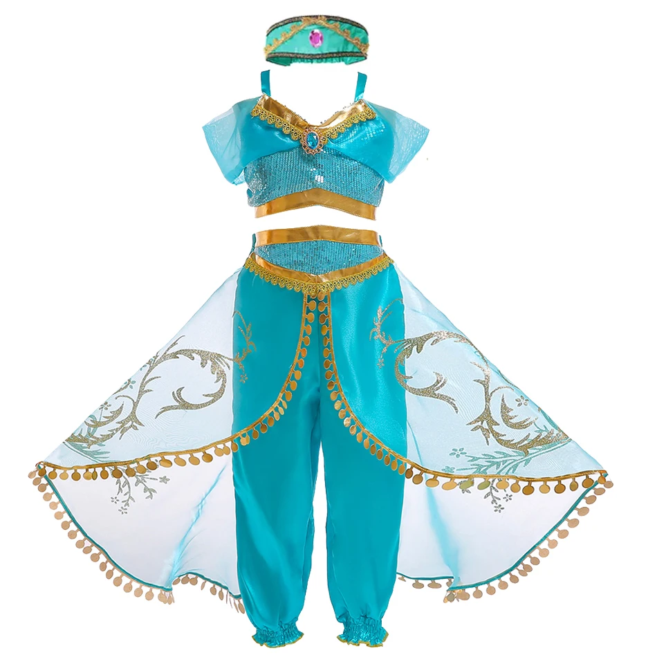 Robe de Princesse Jasmine Aladdin pour Fille, Costume Cosplay, Lampe Magique, Vêtements de ixde Carnaval, Tenue Éducative d'Halloween