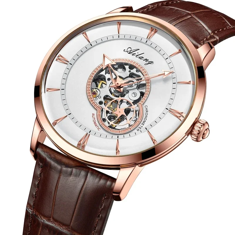 AILANG 8521 Genuine Leather strap luxury waterproof hollow-out casual automatic mechanical watch 2026 wristwatch