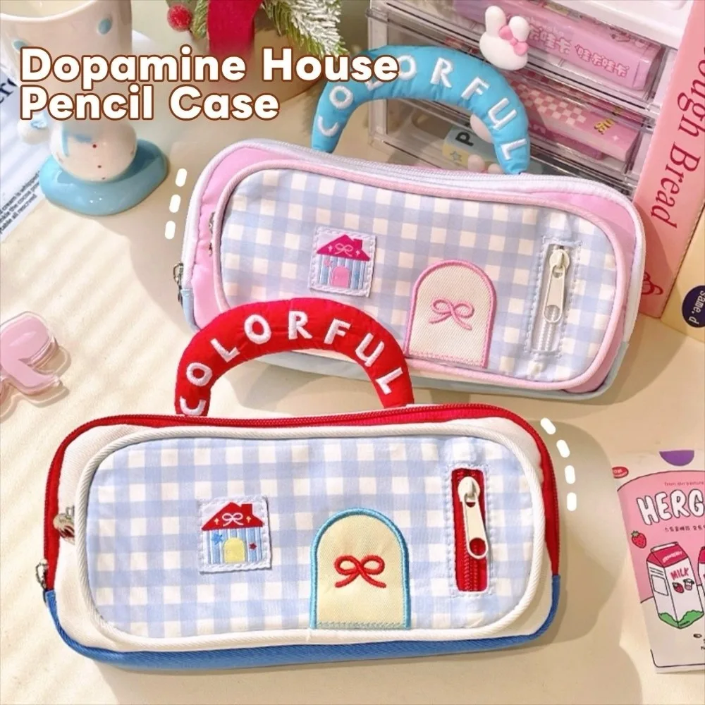 Tas Pensil Rumah Dopamin Bordir dengan Ritsleting, Tas Penyimpanan Alat Tulis Portabel Kapasitas Besar, Kotak Pensil Kreatif untuk Sekolah