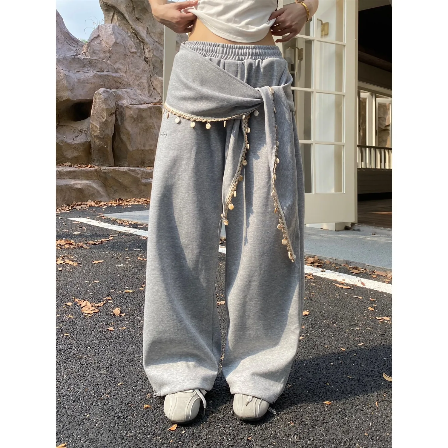 

2025 Autumn New Lace Removable Fart Curtain Casual Trousers Women's Loose Straight Wide-leg Pants