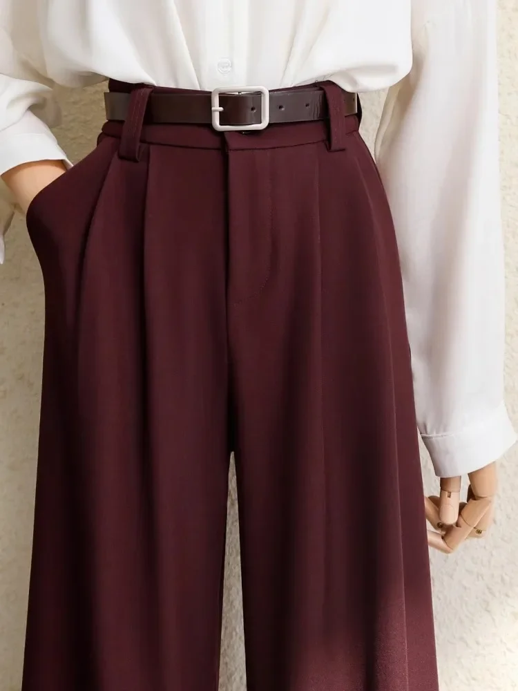 

Fall Winter 2025 Burgundy Suits Pants for Women Office Lady Elegant High Waist Wide Leg Fashion Trousers with Pockets Black Gray