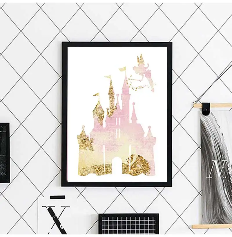Pink Watercolor Art Canvas Painting Picture Nordic Poster Daughter Gift Nursery Wall Decor Princess Castle Fairy Tale Print